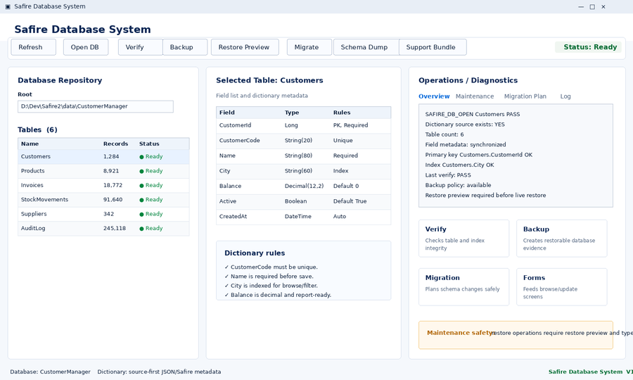 Safire Database System screen