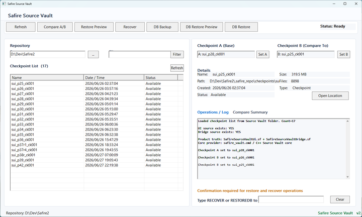 Safire Source Vault actual UI screenshot